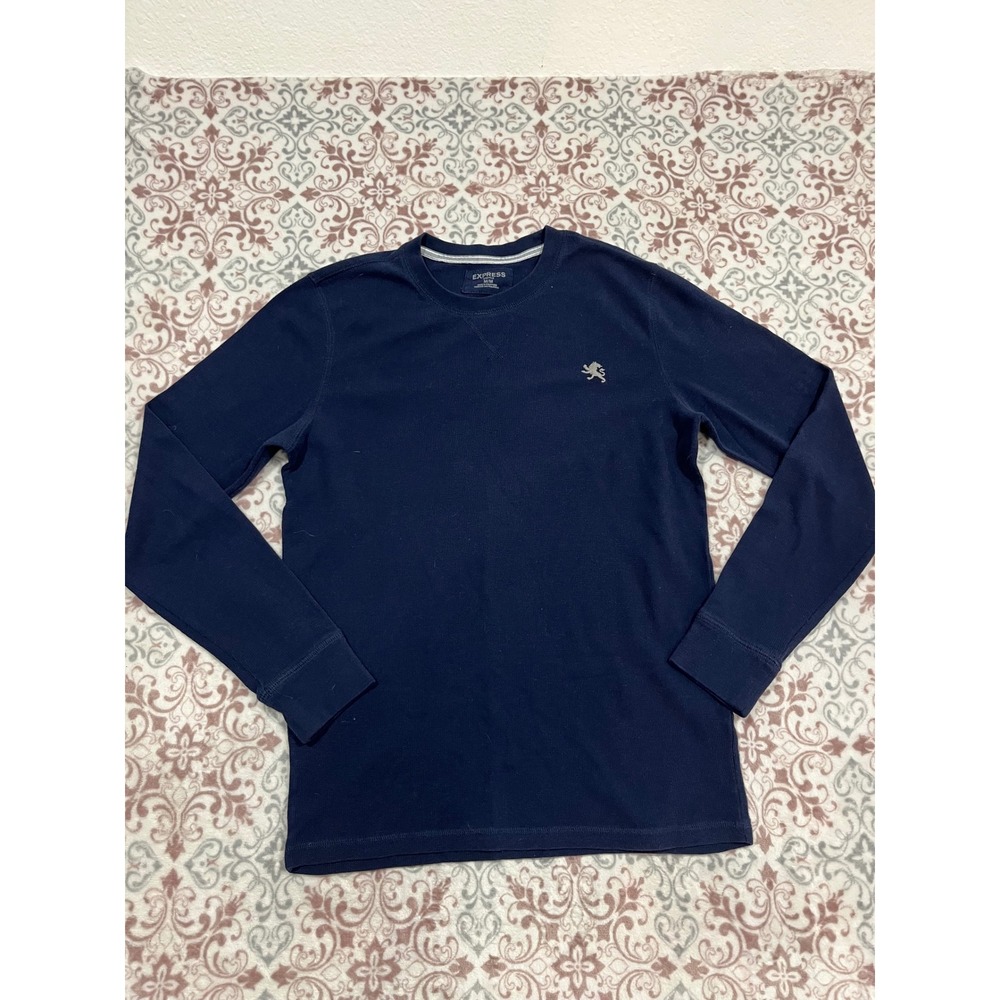 Express Mens Navy Blue Waffle Knit Long Sleeve Thermal Shirt Lion Logo Size M